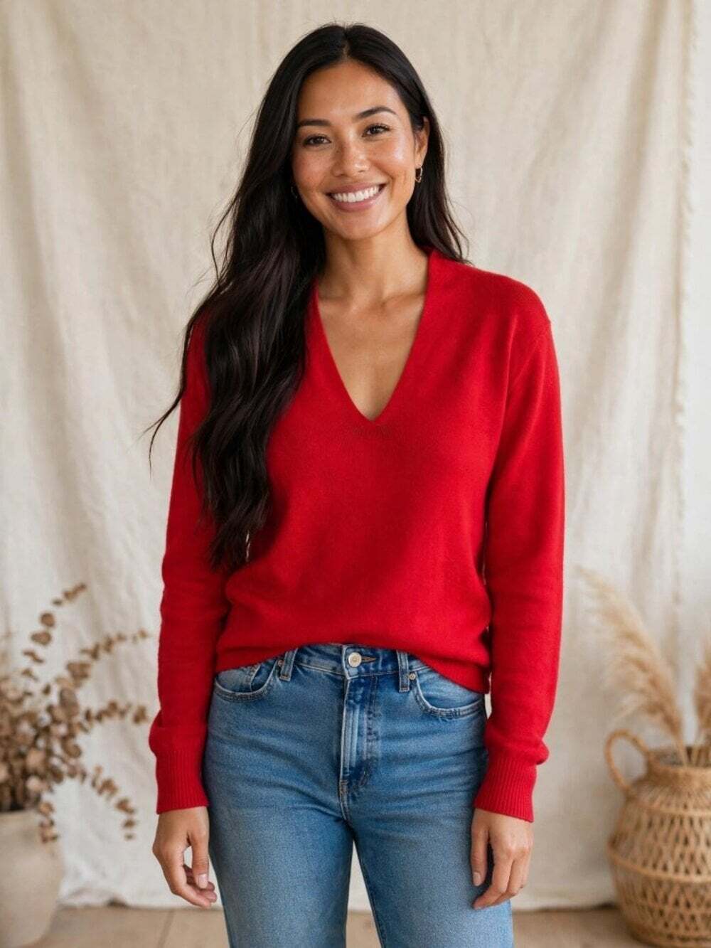 Repeat L Red V-Neck Knit Sweater Cotton Silk Cashmere Blend Luxury Old Money